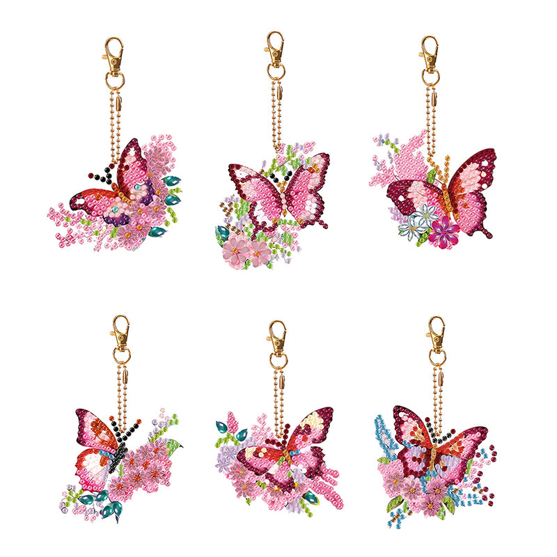 6Pcs Pink and Red Flower Butterfly Acrylic Double Side Keychain Diamond Painting