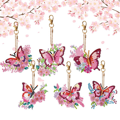 6Pcs Pink and Red Flower Butterfly Acrylic Double Side Keychain Diamond Painting