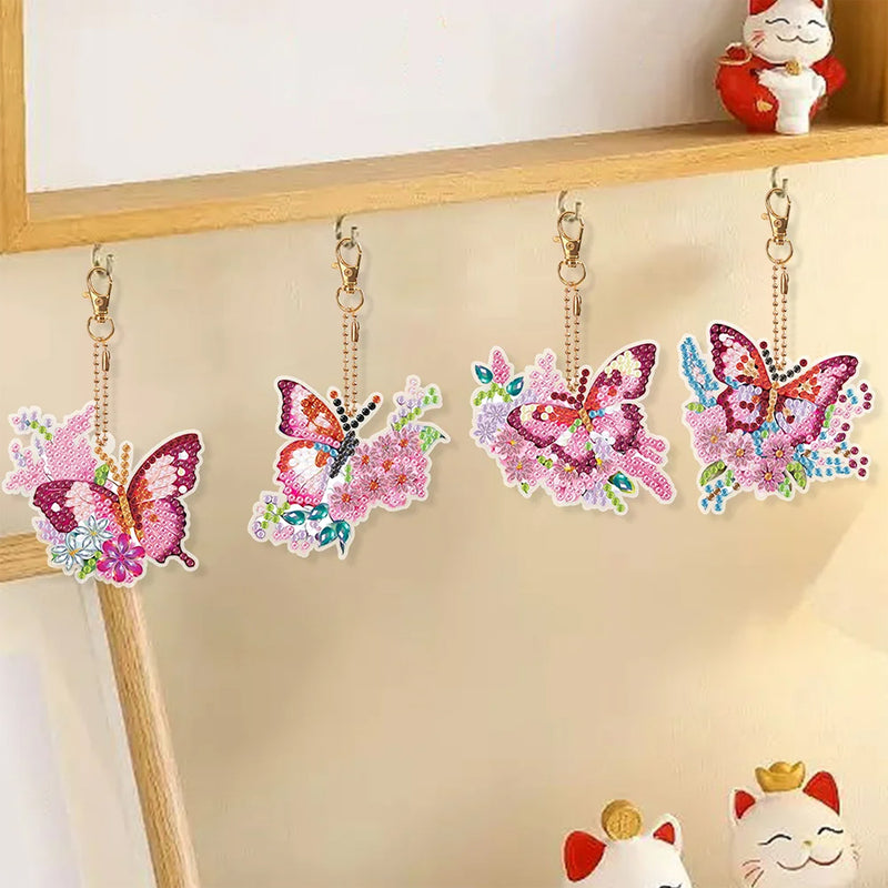 6Pcs Pink and Red Flower Butterfly Acrylic Double Side Keychain Diamond Painting