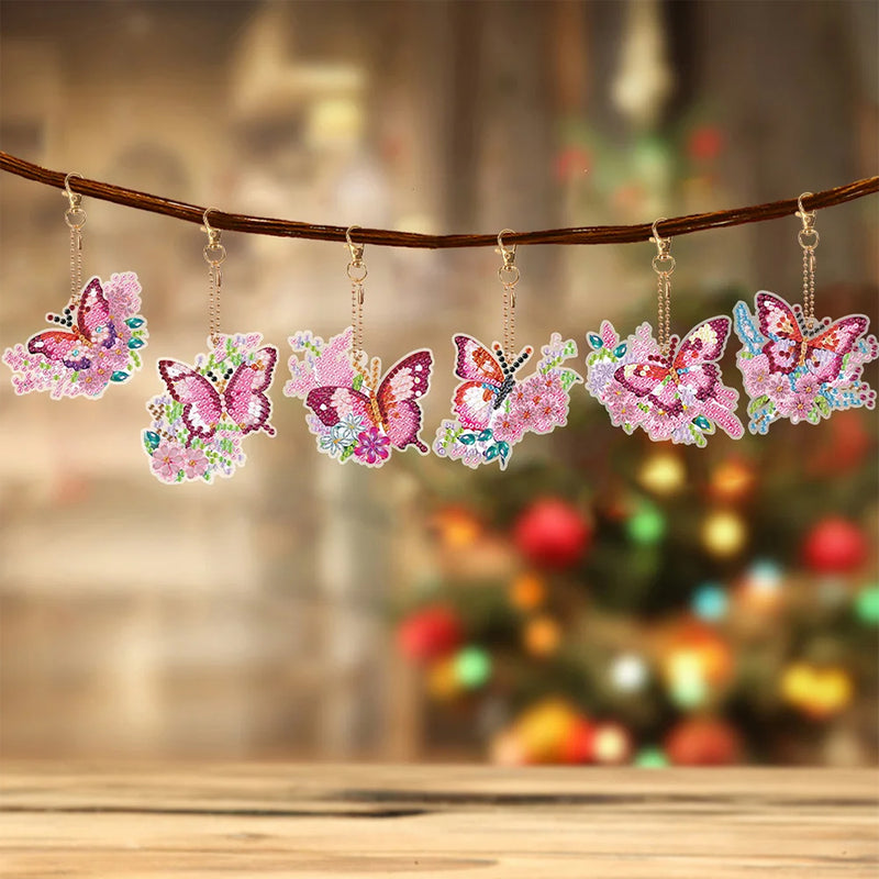 6Pcs Pink and Red Flower Butterfly Acrylic Double Side Keychain Diamond Painting