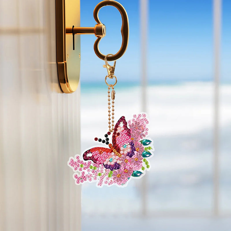 6Pcs Pink and Red Flower Butterfly Acrylic Double Side Keychain Diamond Painting