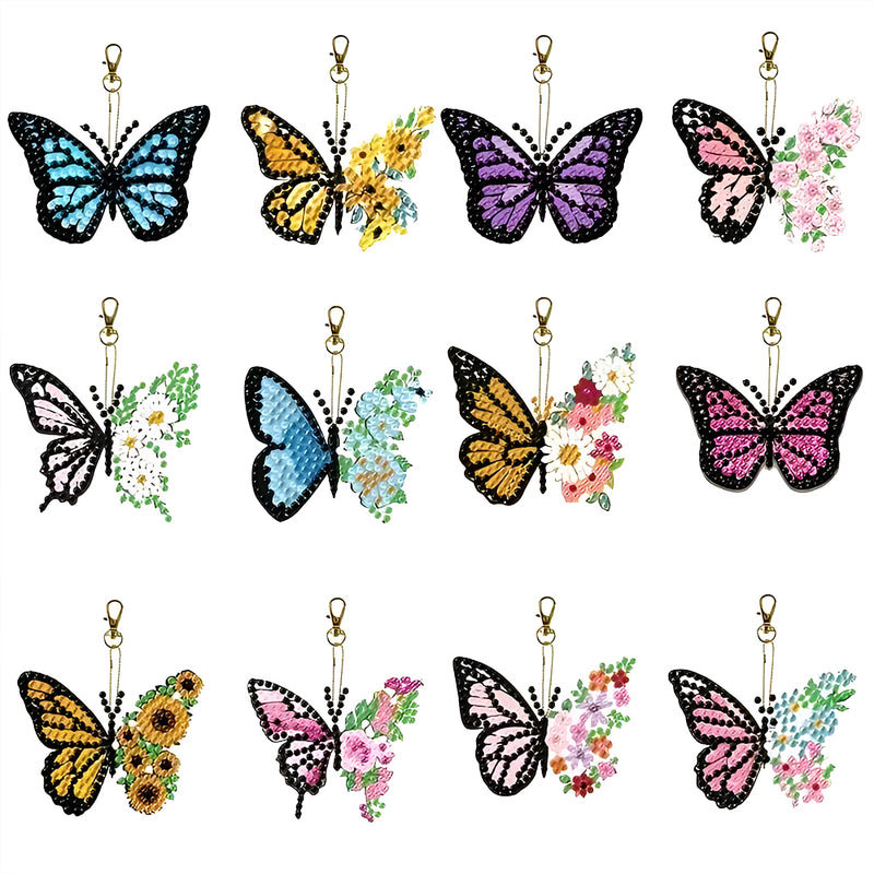 12Pcs Flower Butterfly Acrylic Double Side Keychain Diamond Painting