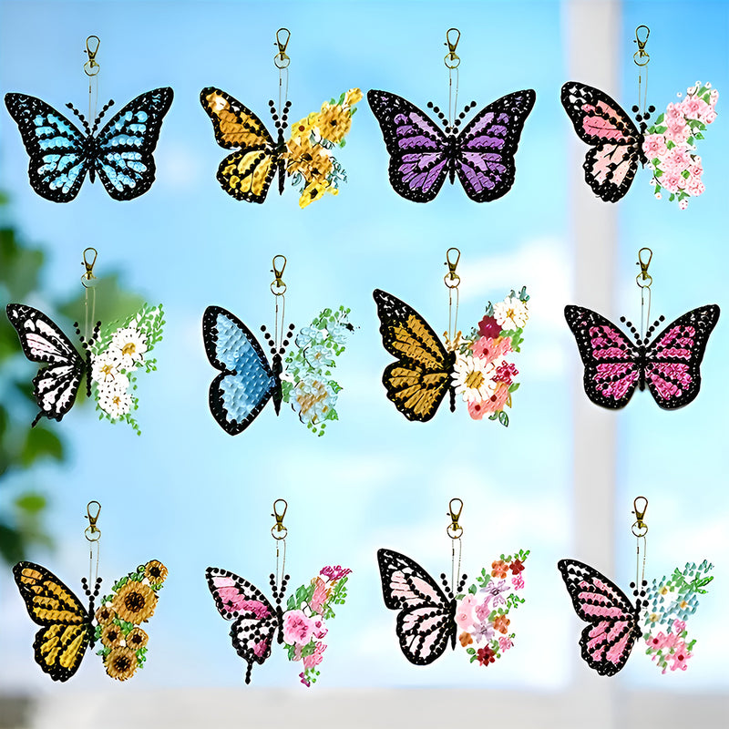 12Pcs Flower Butterfly Acrylic Double Side Keychain Diamond Painting