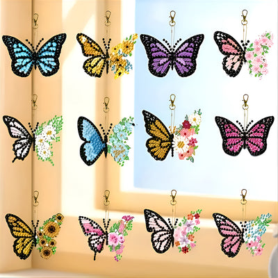 12Pcs Flower Butterfly Acrylic Double Side Keychain Diamond Painting