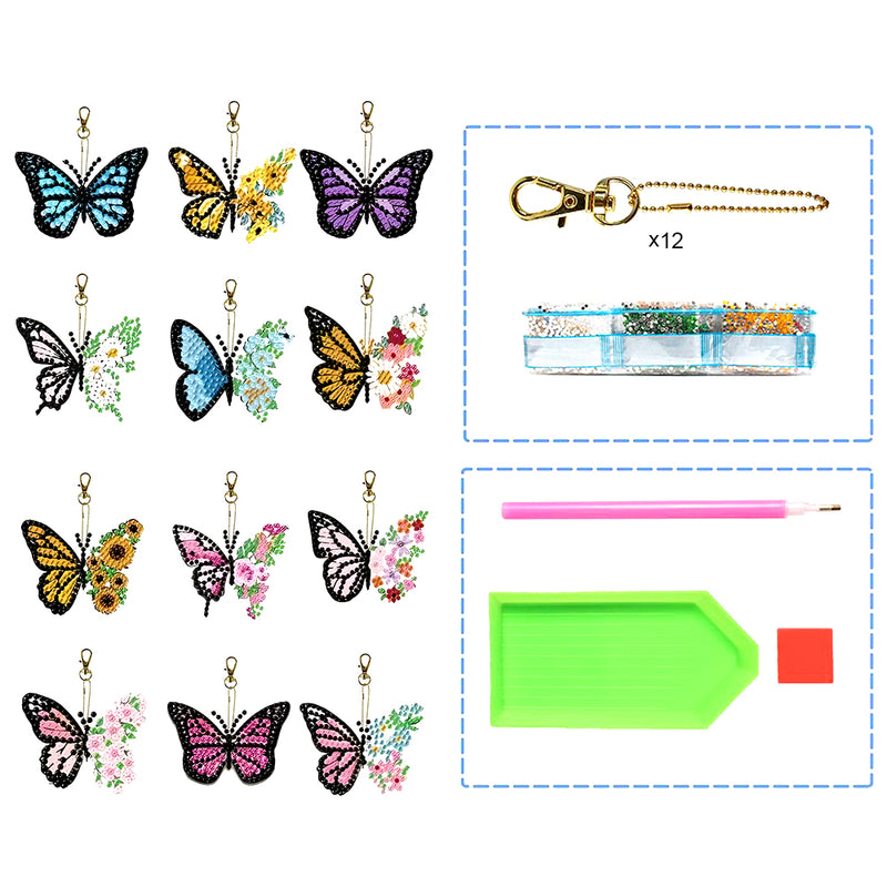 12Pcs Flower Butterfly Acrylic Double Side Keychain Diamond Painting