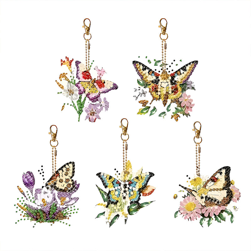 5Pcs Flying Flower Butterfly Acrylic Double Side Keychain Diamond Painting