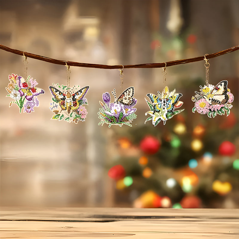 5Pcs Flying Flower Butterfly Acrylic Double Side Keychain Diamond Painting