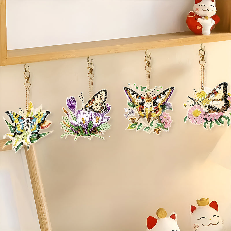 5Pcs Flying Flower Butterfly Acrylic Double Side Keychain Diamond Painting