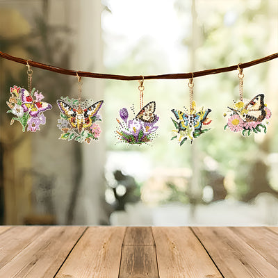 5Pcs Flying Flower Butterfly Acrylic Double Side Keychain Diamond Painting