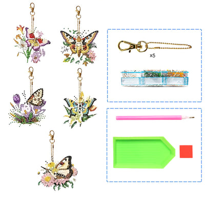 5Pcs Flying Flower Butterfly Acrylic Double Side Keychain Diamond Painting