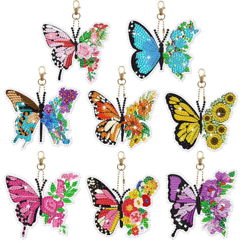 8Pcs Colorful Flower Butterfly Acrylic Double Side Keychain Diamond Painting