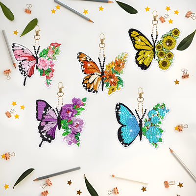 8Pcs Colorful Flower Butterfly Acrylic Double Side Keychain Diamond Painting