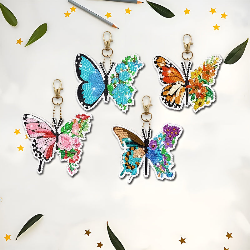 8Pcs Colorful Flower Butterfly Acrylic Double Side Keychain Diamond Painting