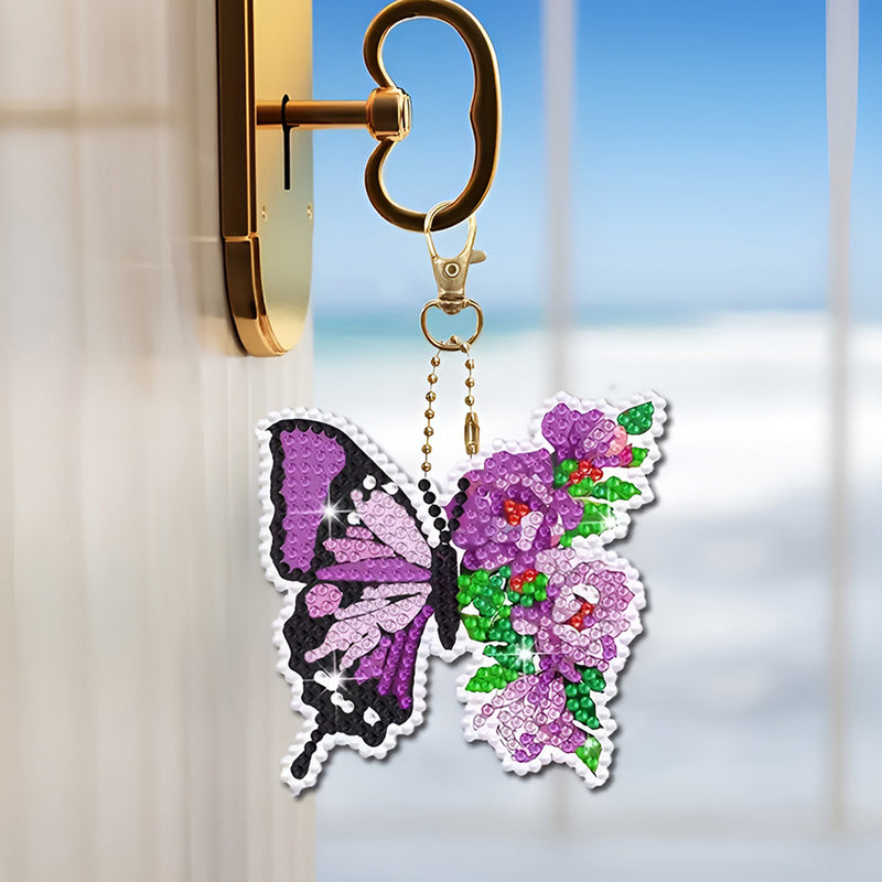 8Pcs Colorful Flower Butterfly Acrylic Double Side Keychain Diamond Painting