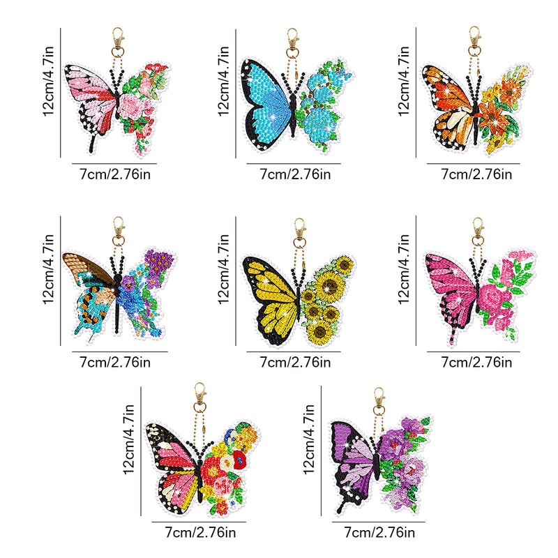 8Pcs Colorful Flower Butterfly Acrylic Double Side Keychain Diamond Painting