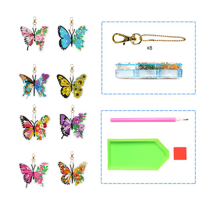 8Pcs Colorful Flower Butterfly Acrylic Double Side Keychain Diamond Painting