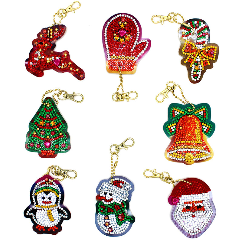 8Pcs Christmas Ornaments Acrylic One Side Keychain Diamond Painting