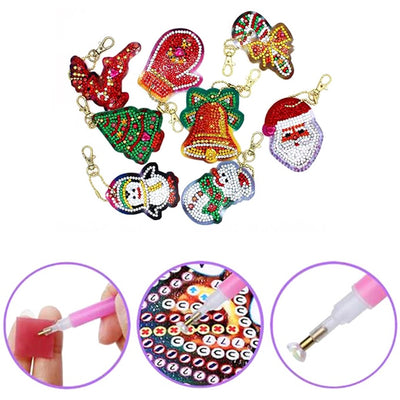 8Pcs Christmas Ornaments Acrylic One Side Keychain Diamond Painting