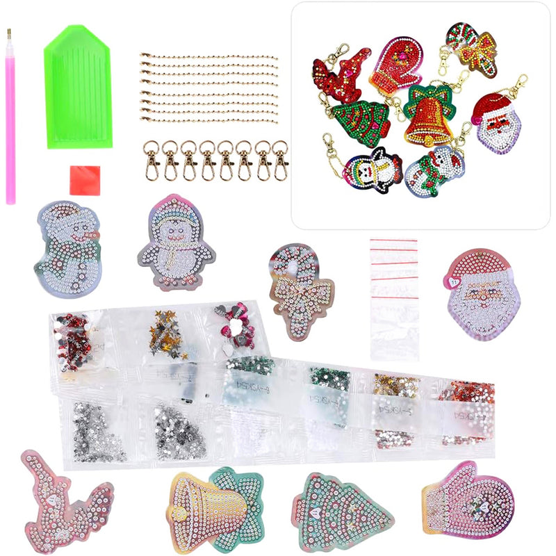 8Pcs Christmas Ornaments Acrylic One Side Keychain Diamond Painting