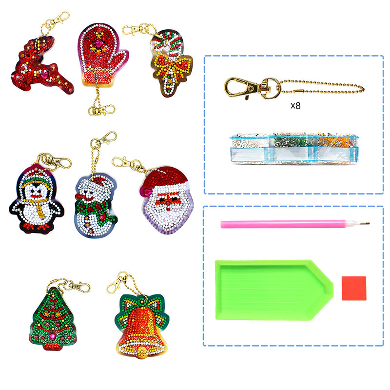 8Pcs Christmas Ornaments Acrylic One Side Keychain Diamond Painting