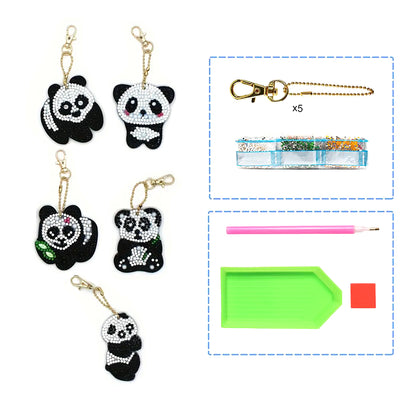 5Pcs Cute Pandas Acrylic Double Side Keychain Diamond Painting