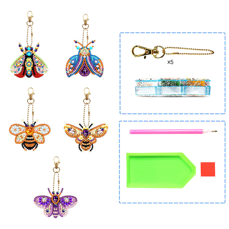 5Pcs Colorful Flying Insects Acrylic Double Side Keychain Diamond Painting