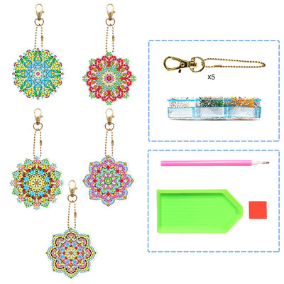 5Pcs Colorful Mandala Flower Acrylic Double Side Keychain Diamond Painting