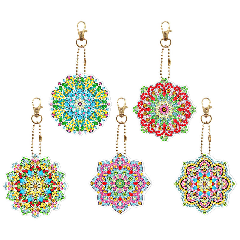 5Pcs Colorful Mandala Flower Acrylic Double Side Keychain Diamond Painting