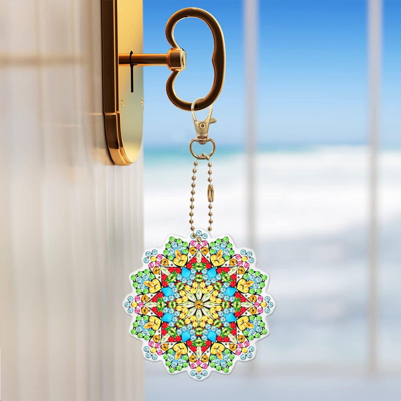 5Pcs Colorful Mandala Flower Acrylic Double Side Keychain Diamond Painting