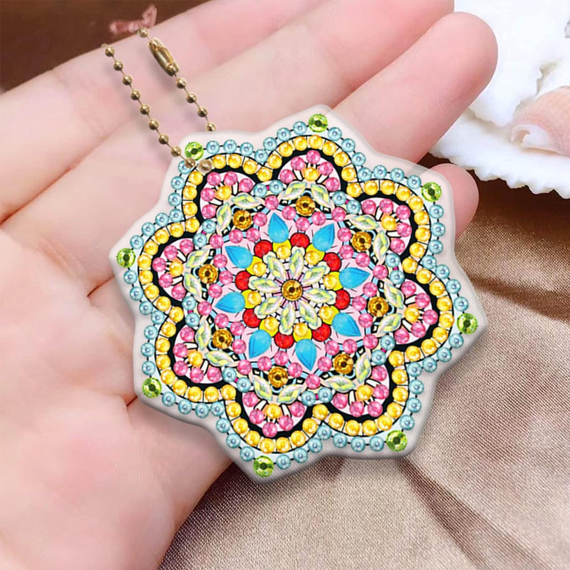 5Pcs Colorful Mandala Flower Acrylic Double Side Keychain Diamond Painting