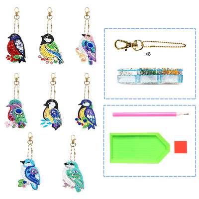 8Pcs Colorful Birds Acrylic Double Side Keychain Diamond Painting