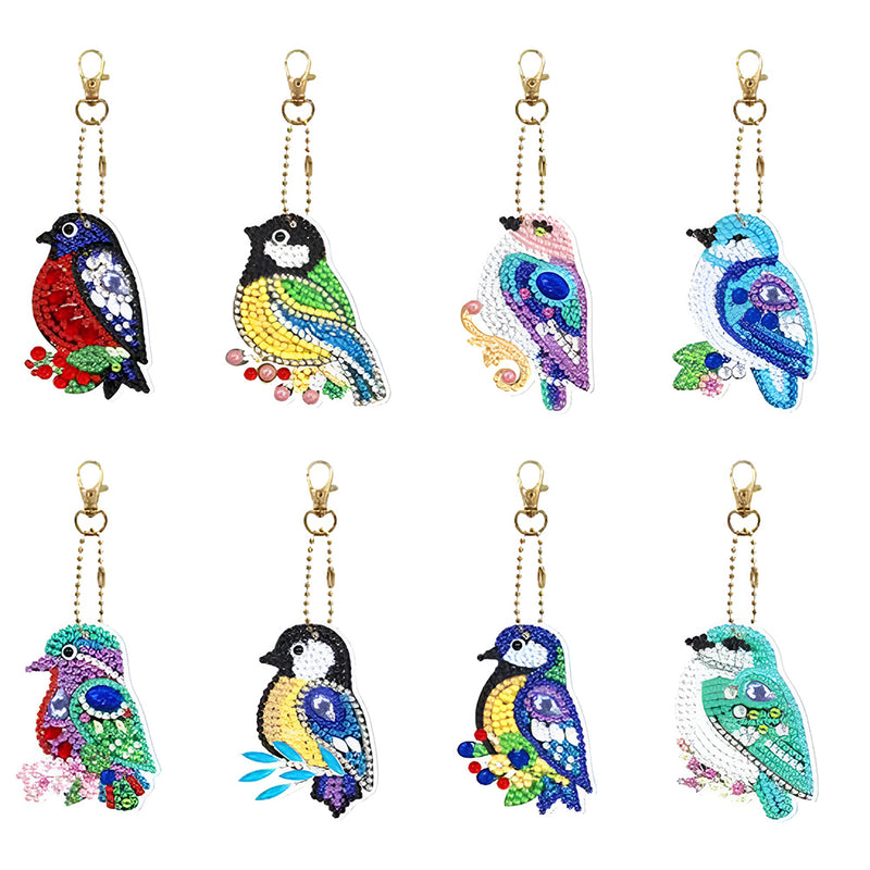 8Pcs Colorful Birds Acrylic Double Side Keychain Diamond Painting