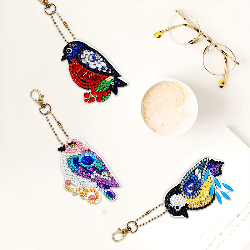 8Pcs Colorful Birds Acrylic Double Side Keychain Diamond Painting