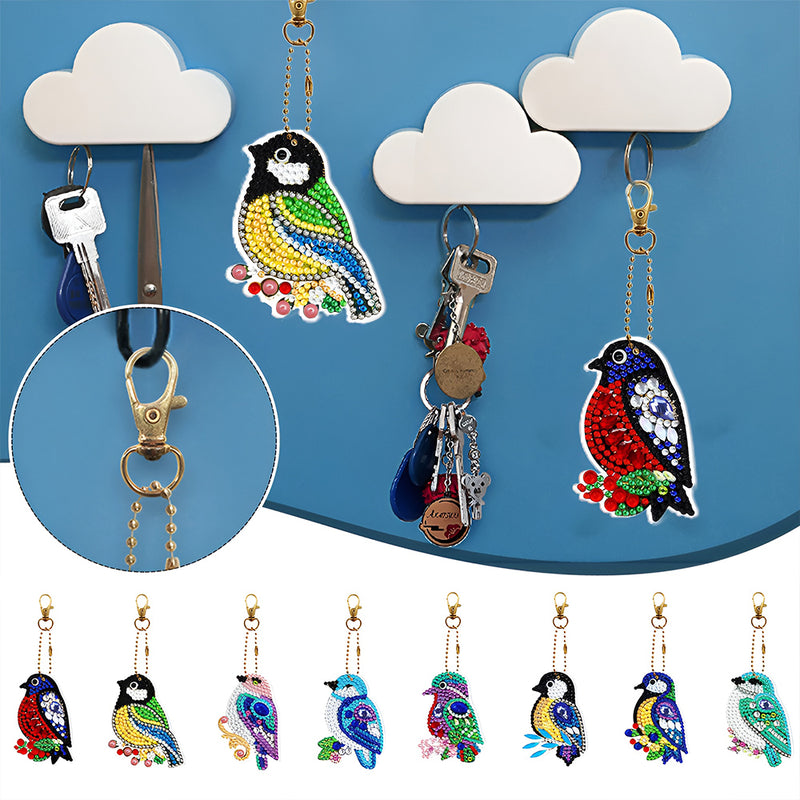 8Pcs Colorful Birds Acrylic Double Side Keychain Diamond Painting