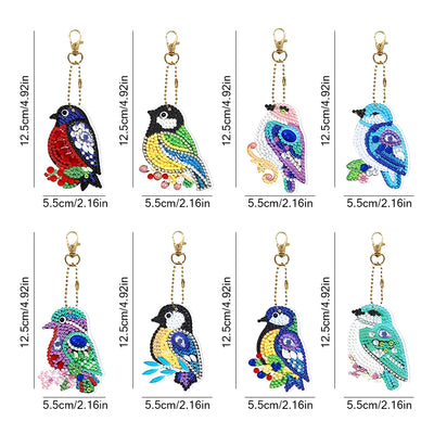 8Pcs Colorful Birds Acrylic Double Side Keychain Diamond Painting