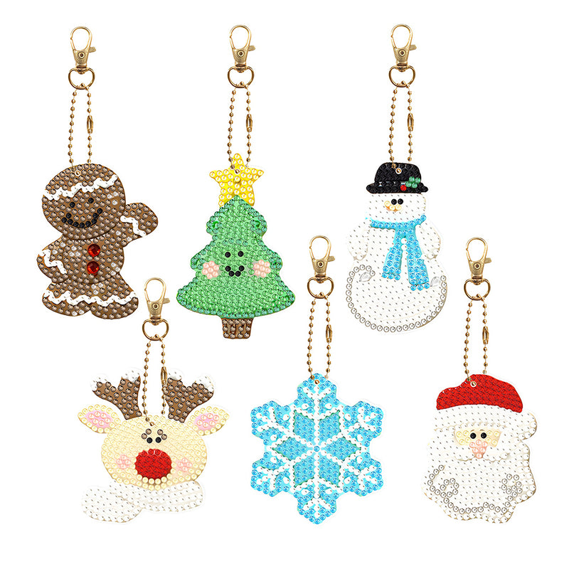 6Pcs Christmas Pendant Acrylic Double Side Keychain Diamond Painting