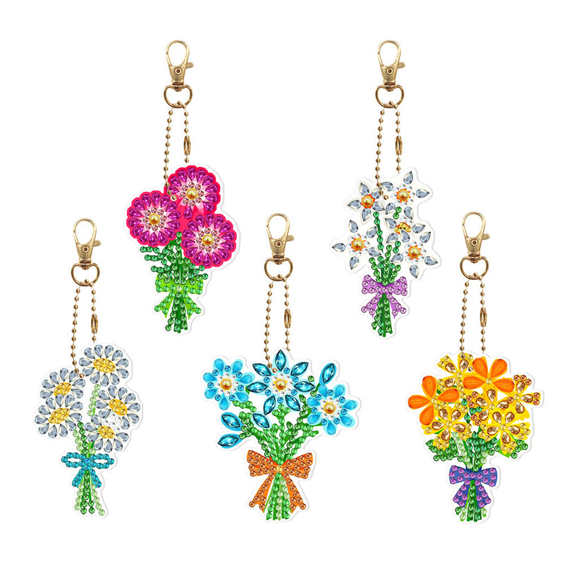 5Pcs Small Bouquet Acrylic Double Side Keychain Diamond Painting