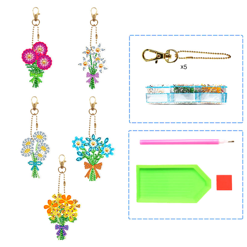 5Pcs Small Bouquet Acrylic Double Side Keychain Diamond Painting