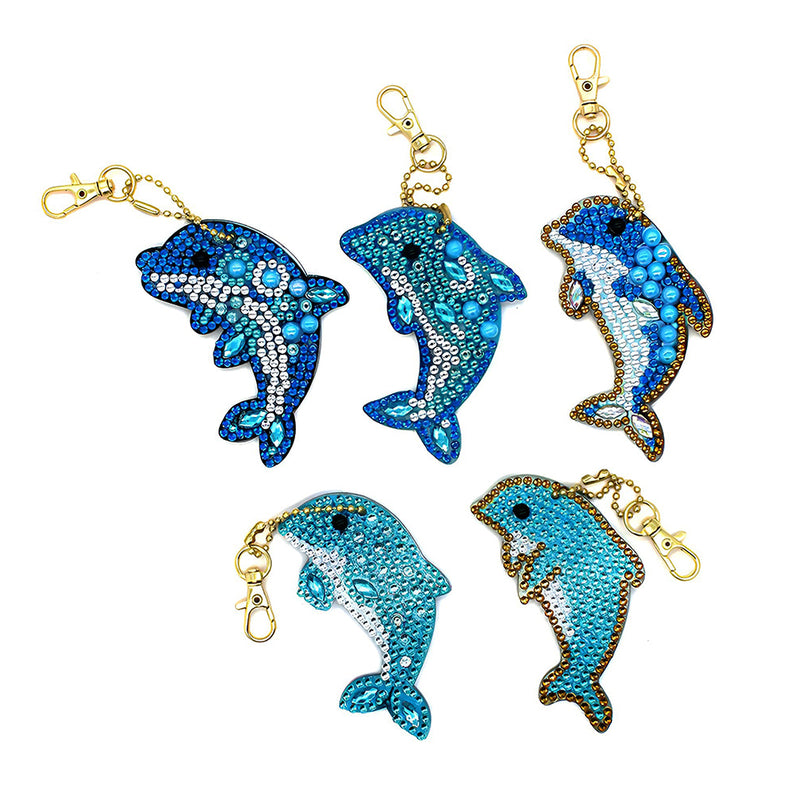 5Pcs Blue Dolphins Acrylic Double Side Keychain Diamond Painting