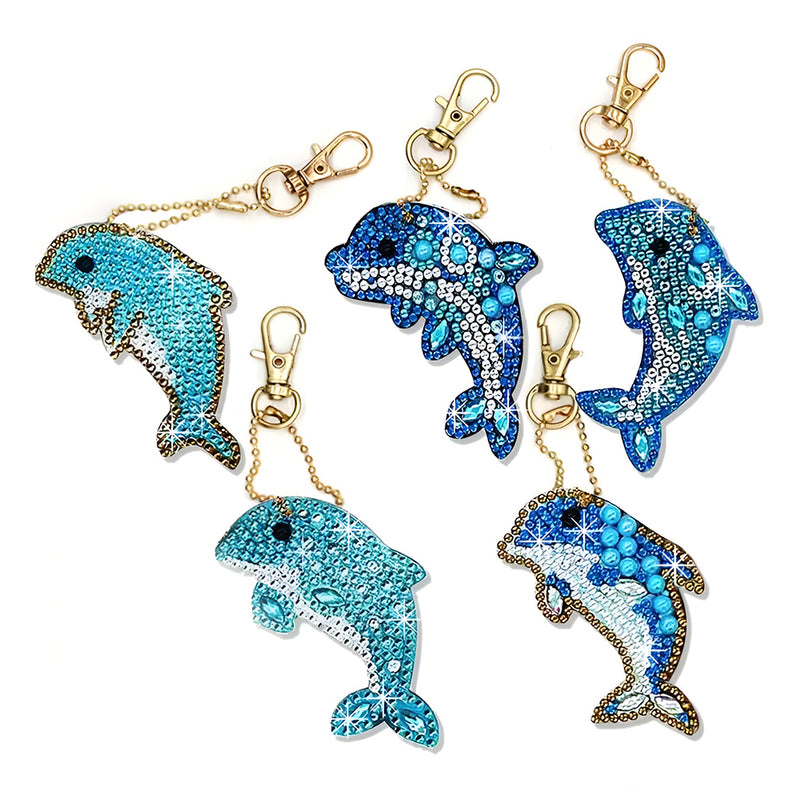 5Pcs Blue Dolphins Acrylic Double Side Keychain Diamond Painting