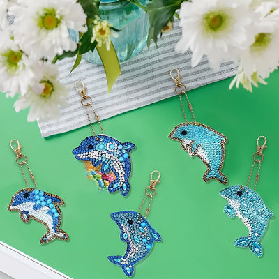 5Pcs Blue Dolphins Acrylic Double Side Keychain Diamond Painting