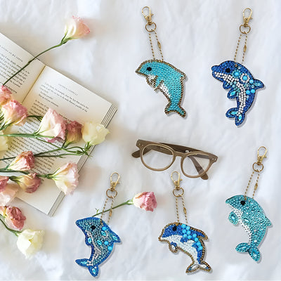 5Pcs Blue Dolphins Acrylic Double Side Keychain Diamond Painting