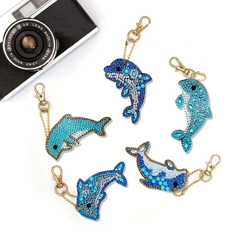 5Pcs Blue Dolphins Acrylic Double Side Keychain Diamond Painting