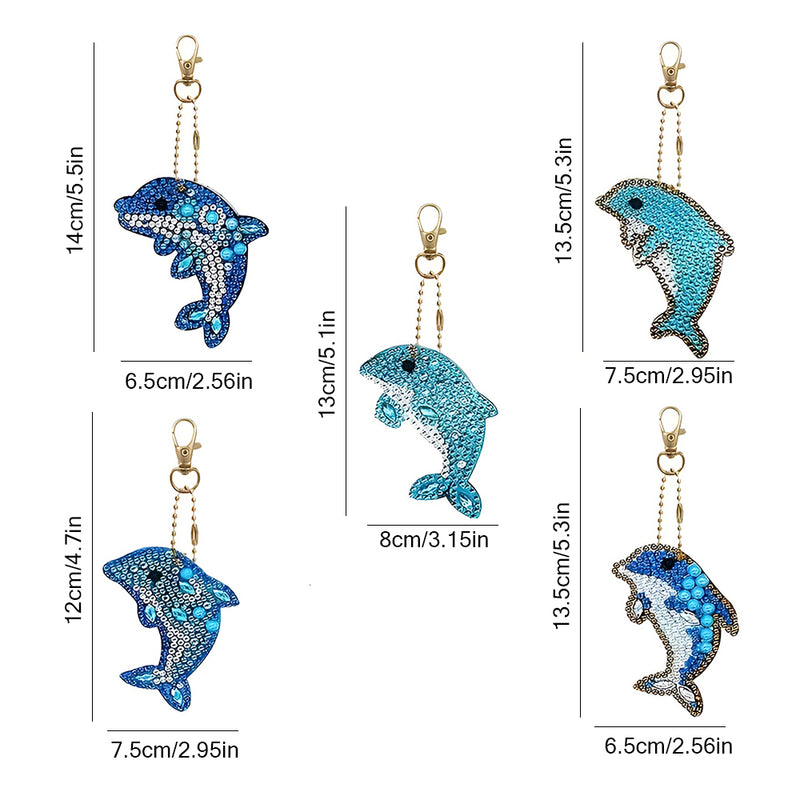 5Pcs Blue Dolphins Acrylic Double Side Keychain Diamond Painting