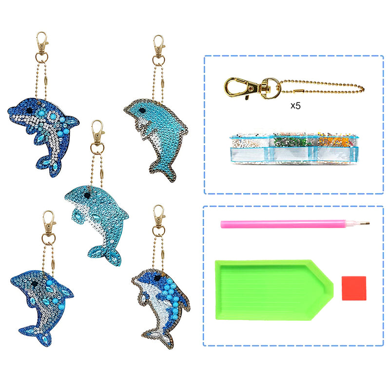 5Pcs Blue Dolphins Acrylic Double Side Keychain Diamond Painting