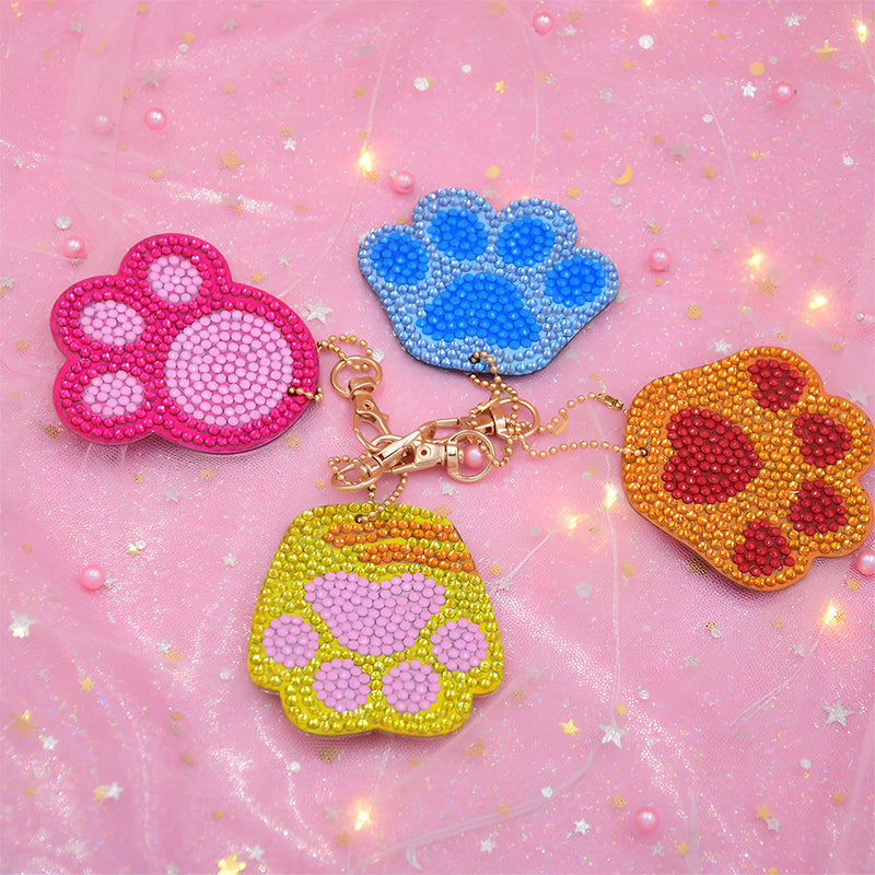 4Pcs Cute Animal Paw Acrylic Double Side Keychain Diamond Painting