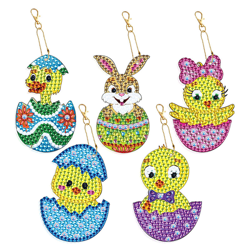 5Pcs Animals in Easter Eggshells Acrylic Double Side Keychain Diamond Painting