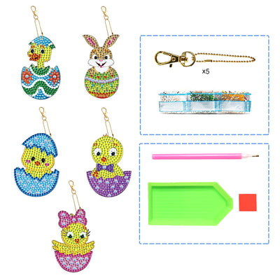 5Pcs Animals in Easter Eggshells Acrylic Double Side Keychain Diamond Painting