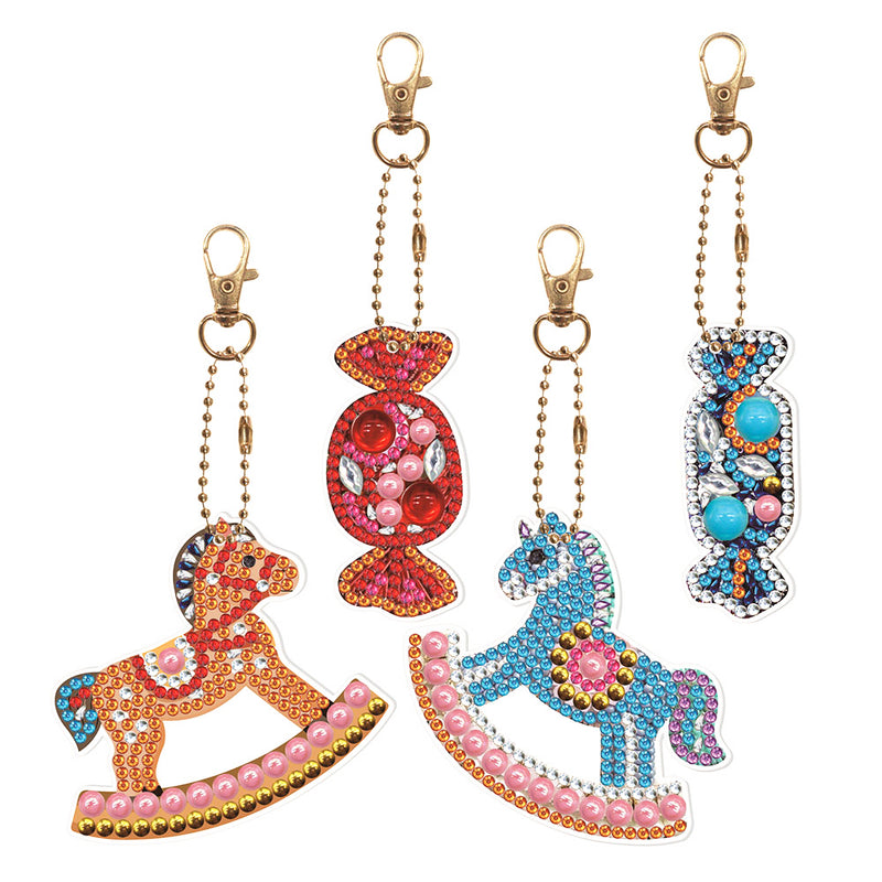 4Pcs Trojan Horse and Candy Acrylic Double Side Keychain Diamond Painting