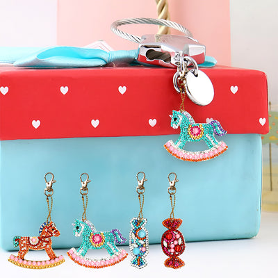 4Pcs Trojan Horse and Candy Acrylic Double Side Keychain Diamond Painting